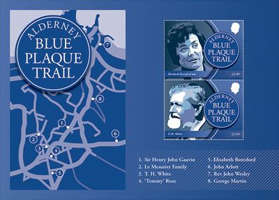 Alderney Blue Plaque Trail miniature sheet with Elisabeth Beresford and T H White stamps