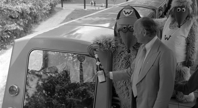 The Wombles with Lord Montagu at the opening of Beaulieu Monorail in 1974